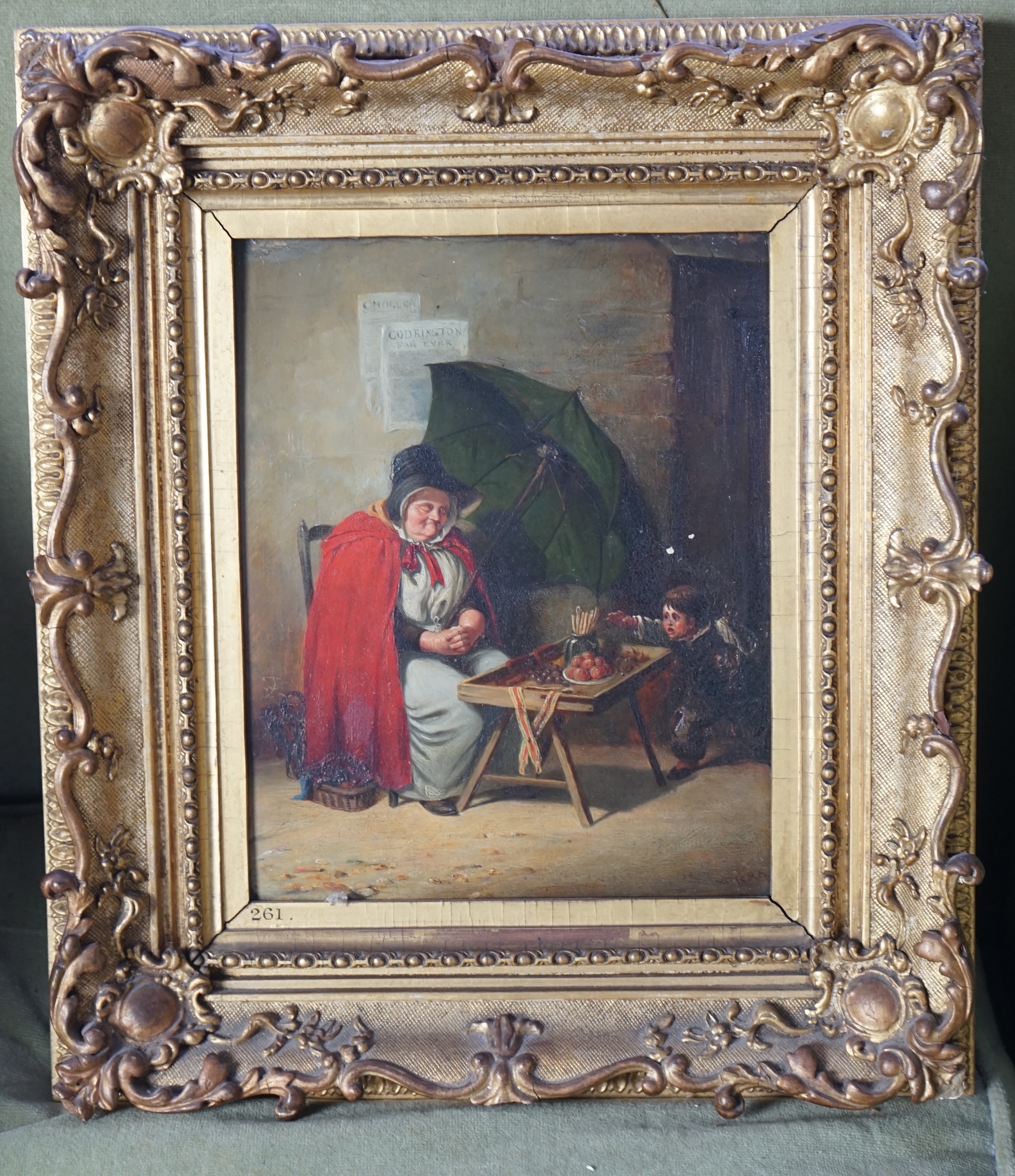 T.R.S. (19th Century English School), oil on wooden panel, ‘The Sleeping Fruit Seller’, initialled, 24 x 19cm. Condition - good